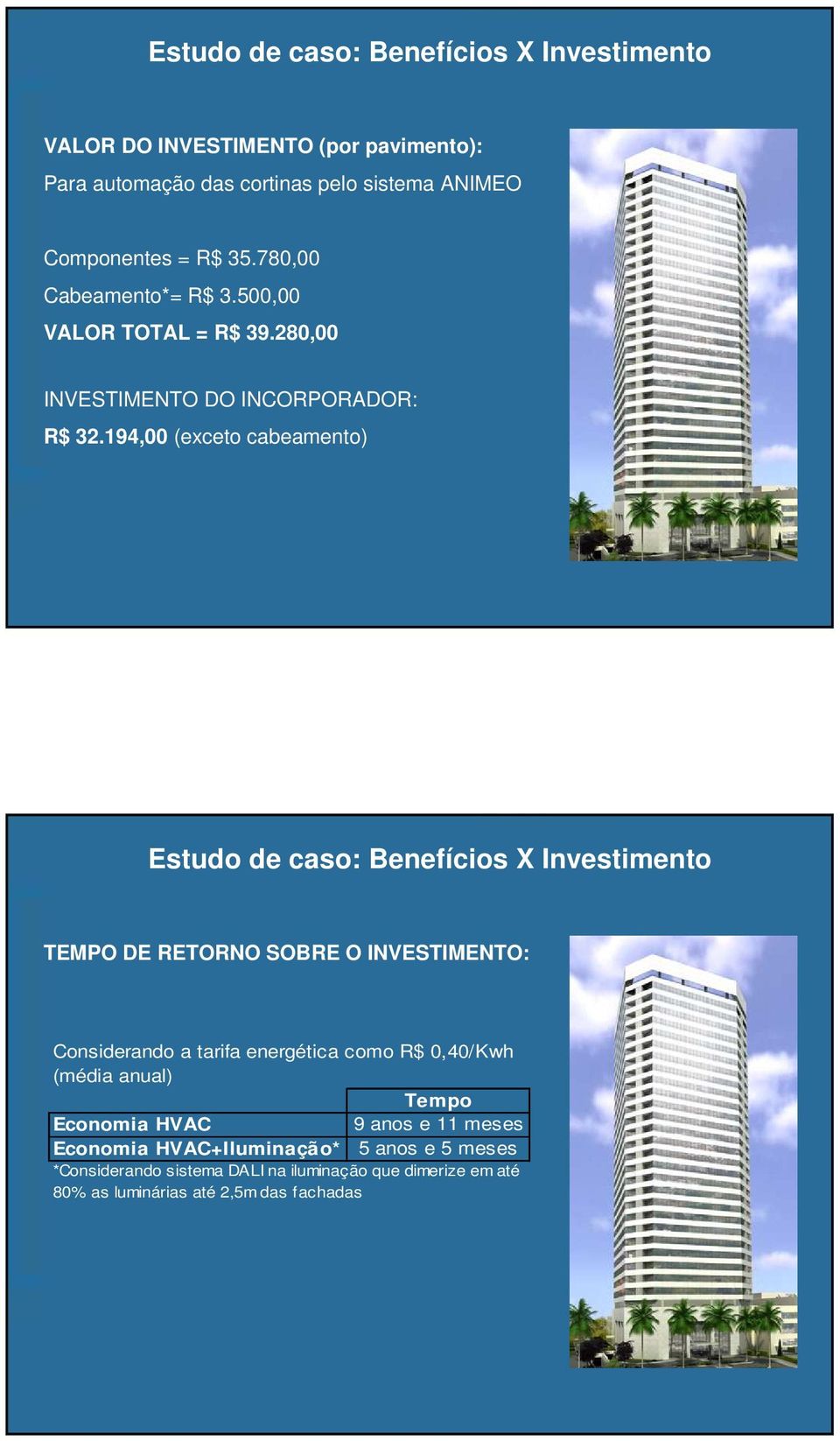 194,00 (exceto cabeamento) Estudo de caso: Benefícios X Investimento TEMPO DE RETORNO SOBRE O INVESTIMENTO: Considerando a tarifa energética como R$