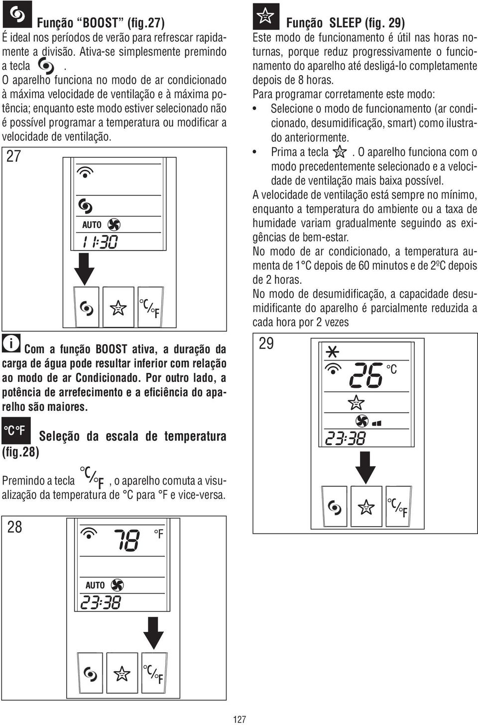 velocidade de ventilação. 27 Com a função BOOST ativa, a duração da carga de água pode resultar inferior com relação ao modo de ar Condicionado.