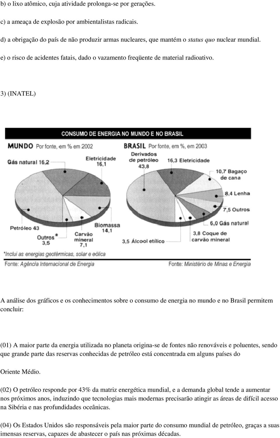 3) (INATEL) A análise dos gráficos e os conhecimentos sobre o consumo de energia no mundo e no Brasil permitem concluir: (01) A maior parte da energia utilizada no planeta origina-se de fontes não