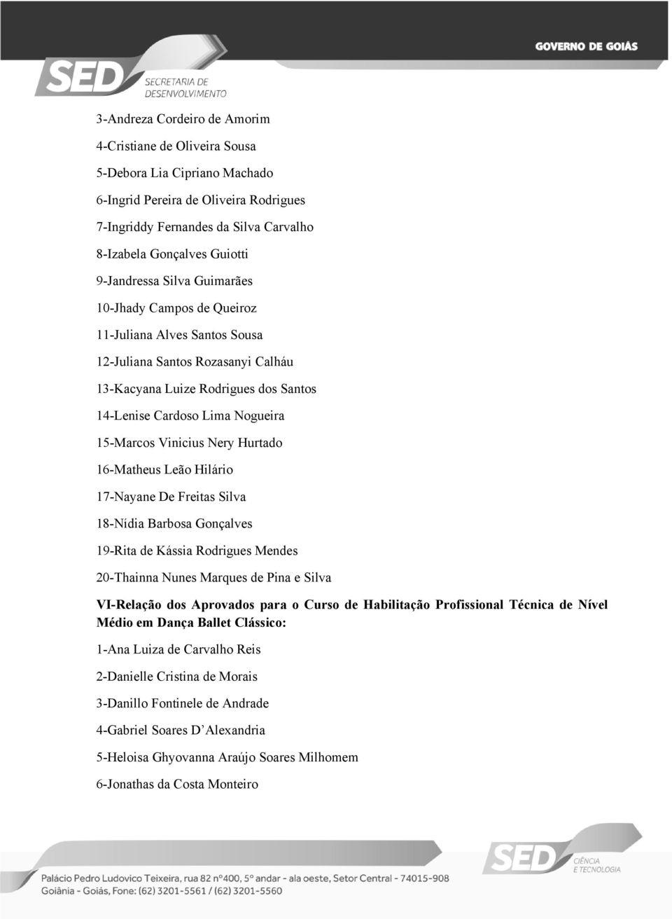 Vinicius Nery Hurtado 16-Matheus Leão Hilário 17-Nayane De Freitas Silva 18-Nídia Barbosa Gonçalves 19-Rita de Kássia Rodrigues Mendes 20-Thainna Nunes Marques de Pina e Silva VI-Relação dos