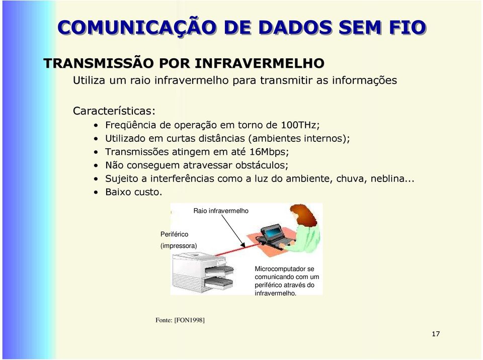 atingem em até 16Mbps; Não conseguem atravessar obstáculos; Sujeito a interferências como a luz do ambiente, chuva, neblina.