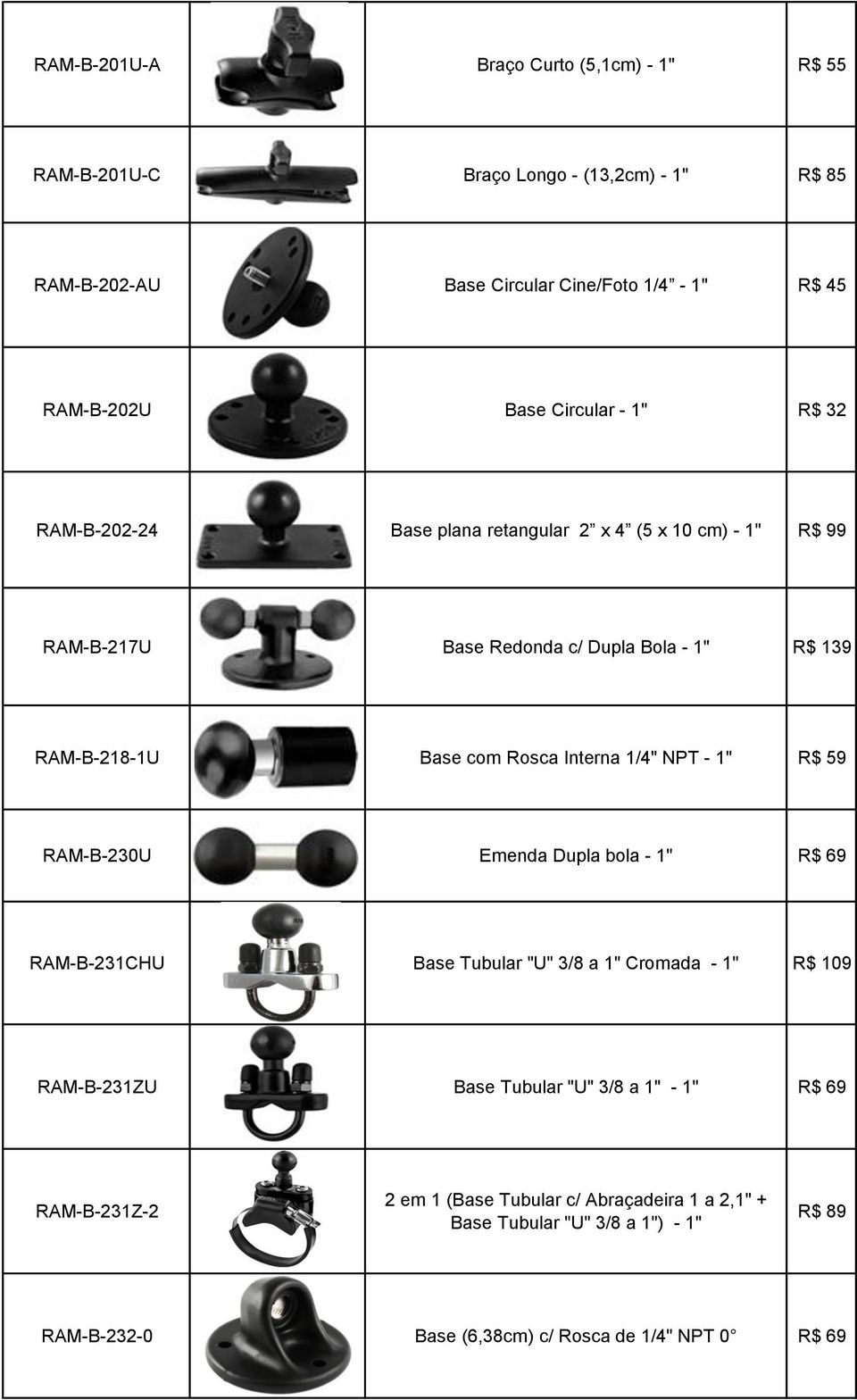 Interna 1/4" NPT - 1" R$ 59 RAM-B-230U Emenda Dupla bola - 1" R$ 69 RAM-B-231CHU Base Tubular "U" 3/8 a 1" Cromada - 1" R$ 109 RAM-B-231ZU Base Tubular "U" 3/8 a