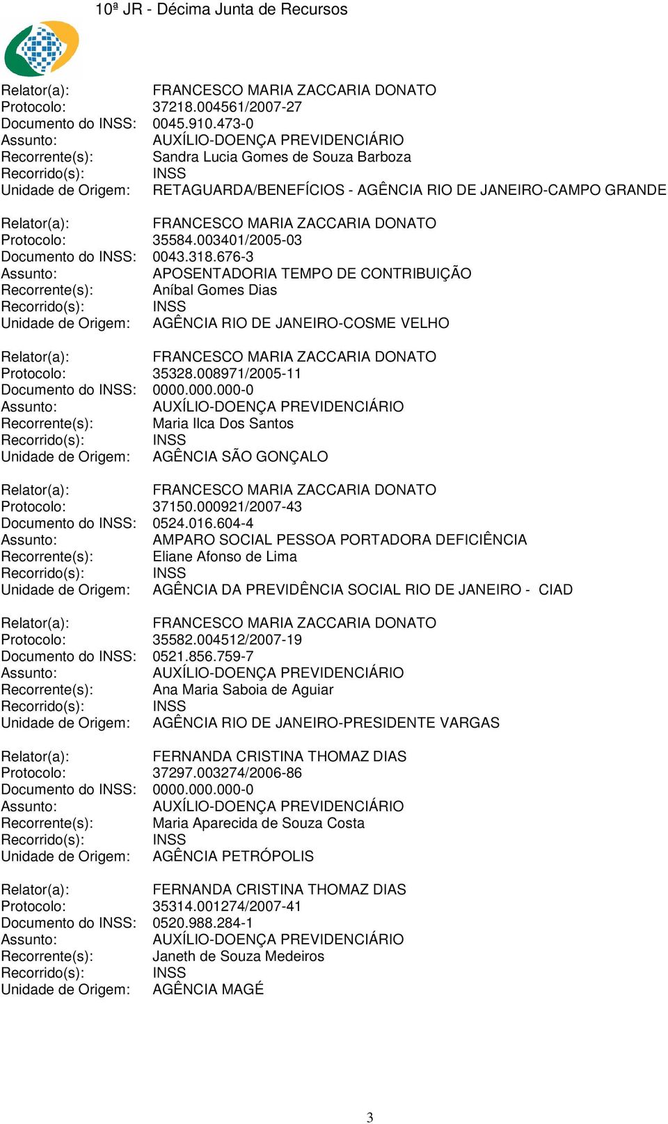 676-3 Recorrente(s): Aníbal Gomes Dias Unidade de Origem: AGÊNCIA RIO DE JANEIRO-COSME VELHO Protocolo: 35328.008971/2005-11 Documento do INSS: 0000
