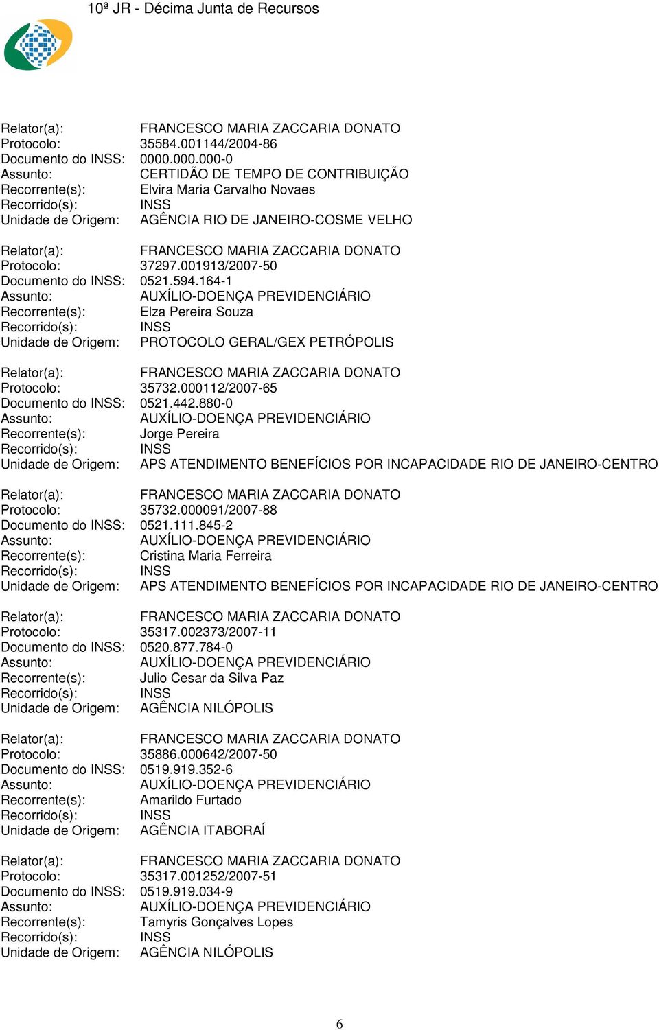 594.164-1 Recorrente(s): Elza Pereira Souza Unidade de Origem: PROTOCOLO GERAL/GEX PETRÓPOLIS Protocolo: 35732.000112/2007-65 Documento do INSS: 0521.442.