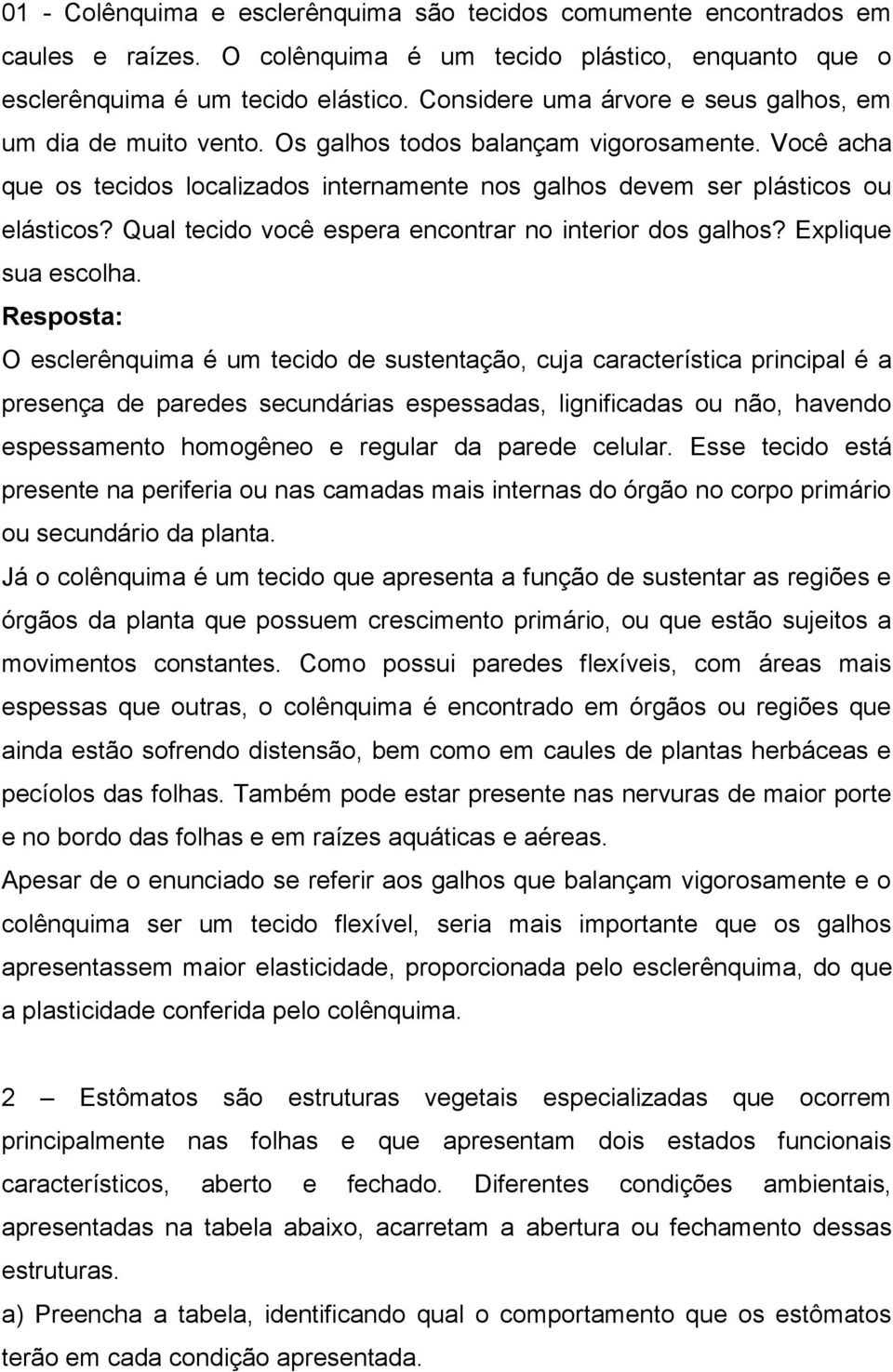 Qual tecido você espera encontrar no interior dos galhos? Explique sua escolha.