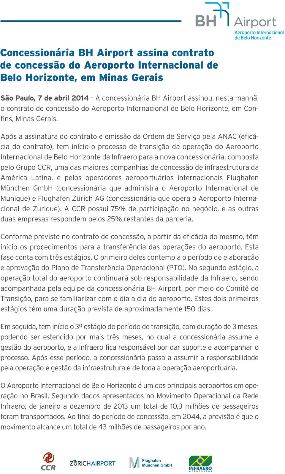 Após a assinatura do contrato e emissão da Ordem de Serviço pela ANAC (eficácia do contrato), tem início o processo de transição da operação do Aeroporto Internacional de Belo Horizonte da Infraero