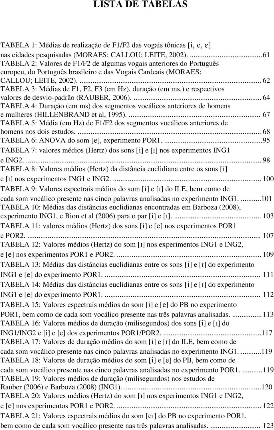 ... 62 TABELA 3: Médias de F1, F2, F3 (em Hz), duração (em ms.) e respectivos valores de desvio-padrão (RAUBER, 2006).