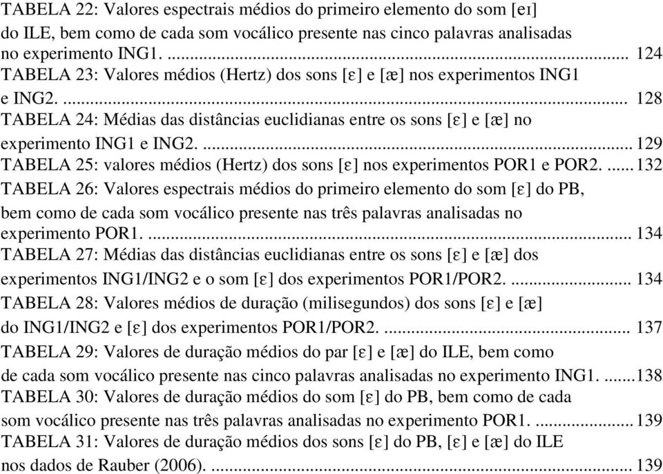 ... 129 TABELA 25: valores médios (Hertz) dos sons [E] nos experimentos POR1 e POR2.