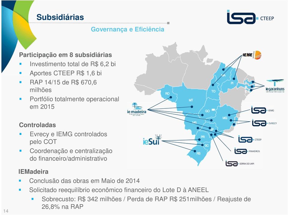 COT Coordenação e centralização do financeiro/administrativo E S 14 IEMadeira Conclusão das obras em Maio de 2014 Solicitado