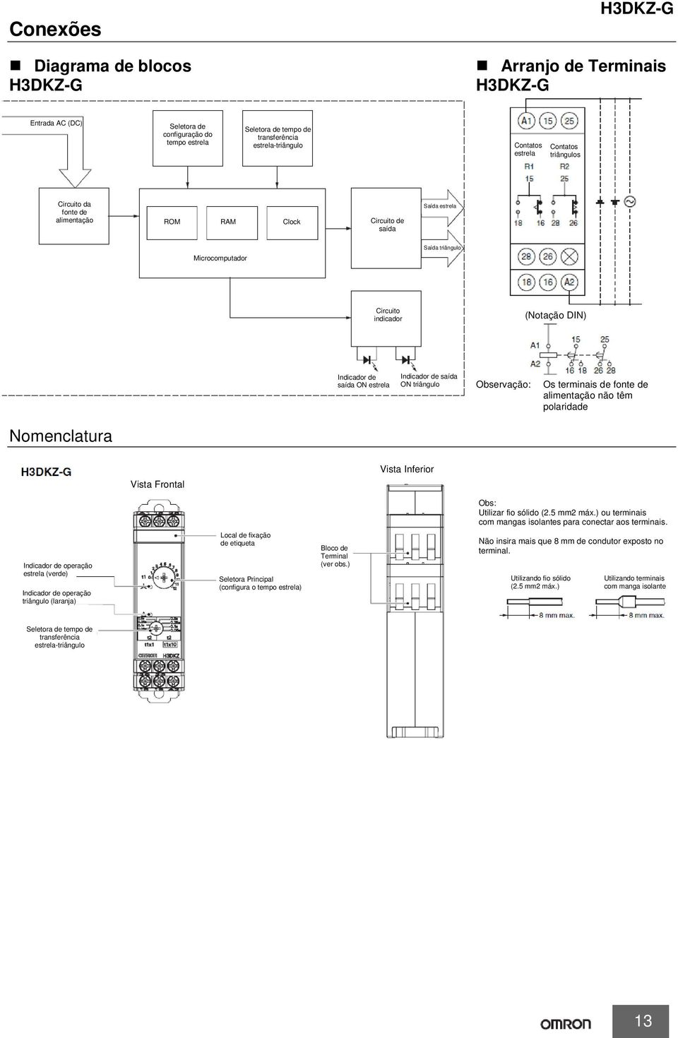 estrela Indicador de saída ON triângulo Observação: Os terminais de fonte de alimentação não têm polaridade Nomenclatura Vista Frontal Vista Inferior Obs: Utilizar fio sólido (2.5 mm2 máx.