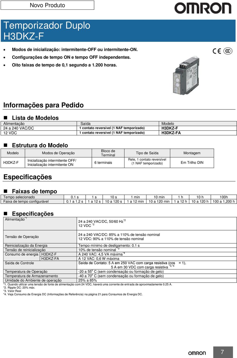 Informações para Pedido Lista de Modelos Alimentação Saída Modelo 24 a 240 VAC/DC 1 contato reversível (1 NAF temporizado) H3DKZ-F 12 VDC 1 contato reversível (1 NAF temporizado) H3DKZ-FA Estrutura