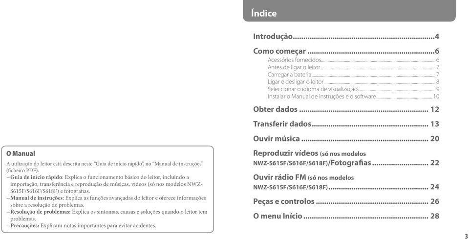 Manual de instruções: Explica as funções avançadas do leitor e oferece informações sobre a resolução de problemas.