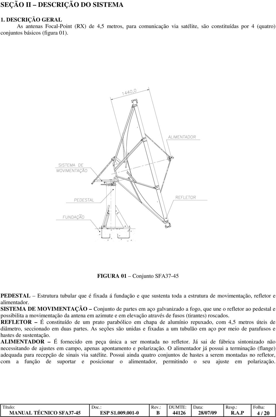 SISTEMA DE MOVIMENTAÇÃO Conjunto de partes em aço galvanizado a fogo, que une o refletor ao pedestal e possibilita a movimentação da antena em azimute e em elevação através de fusos (tirantes)