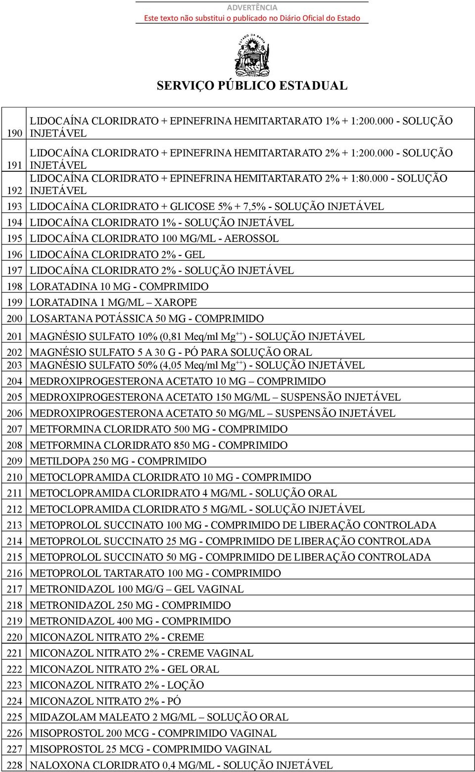 000 - SOLUÇÃO 192 INJETÁVEL 193 LIDOCAÍNA CLORIDRATO + GLICOSE 5% + 7,5% - SOLUÇÃO INJETÁVEL 194 LIDOCAÍNA CLORIDRATO 1% - SOLUÇÃO INJETÁVEL 195 LIDOCAÍNA CLORIDRATO 100 MG/ML - AEROSSOL 196