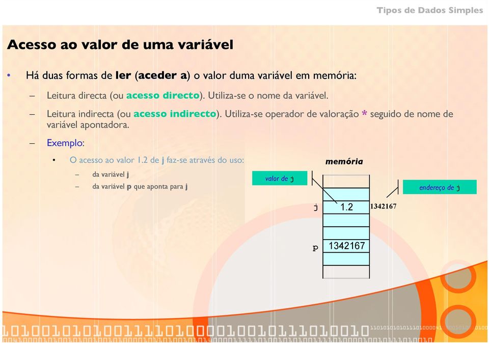 Utiliza-se operador de valoração * seguido de nome de variável apontadora. Exemplo: O acesso ao valor 1.