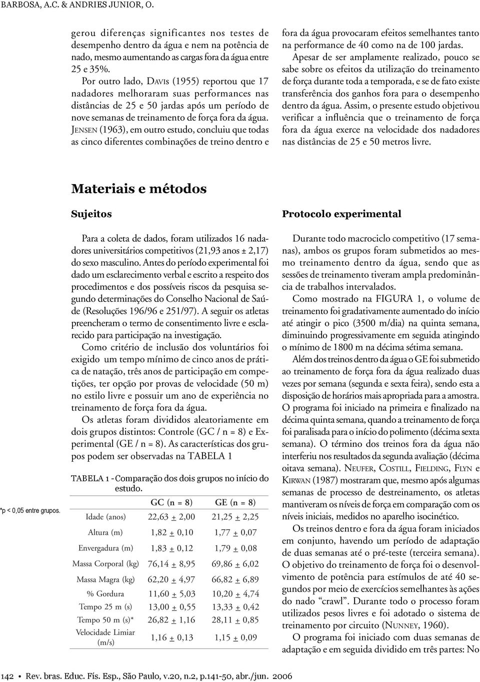 JENSEN (1963), em outro estudo, concluiu que todas as cinco diferentes combinações de treino dentro e fora da água provocaram efeitos semelhantes tanto na performance de 40 como na de 100 jardas.