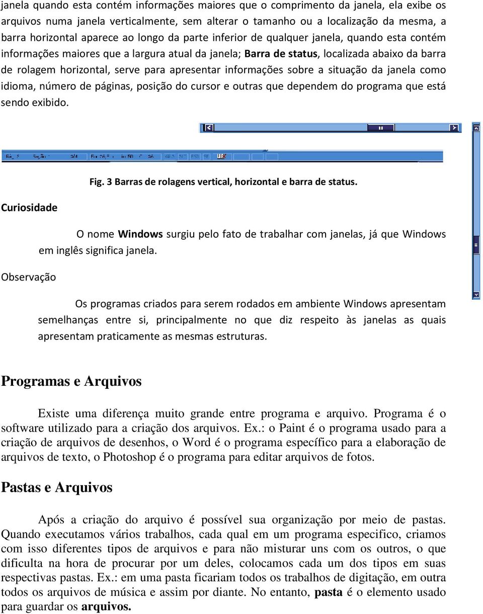 apresentar informações sobre a situação da janela como idioma, número de páginas, posição do cursor e outras que dependem do programa que está sendo exibido. Curiosidade Observação Fig.