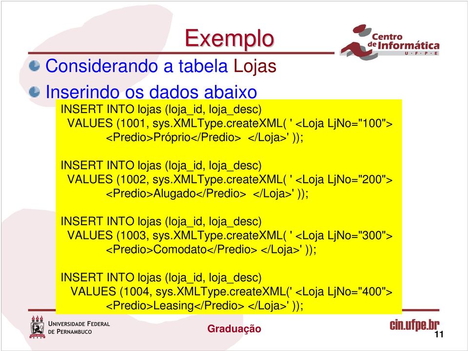 createxml( ' <Loja LjNo="200"> <Predio>Alugado</Predio> </Loja>' )); INSERT INTO lojas (loja_id, loja_desc) VALUES (1003, sys.xmltype.