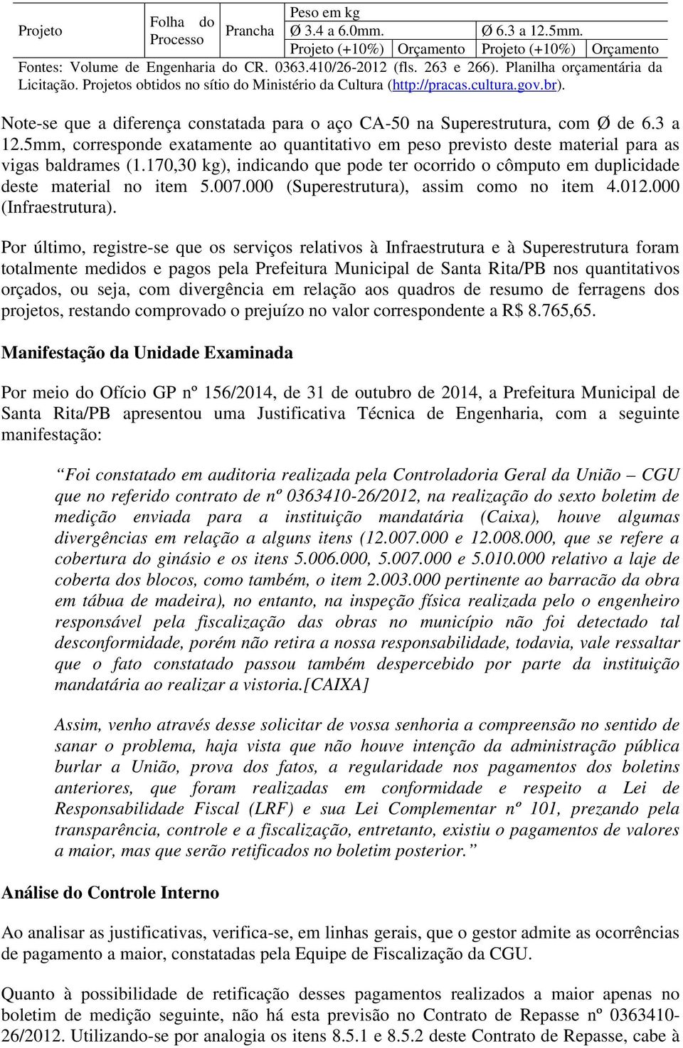 Note-se que a diferença constatada para o aço CA-50 na Superestrutura, com Ø de 6.3 a 12.5mm, corresponde exatamente ao quantitativo em peso previsto deste material para as vigas baldrames (1.