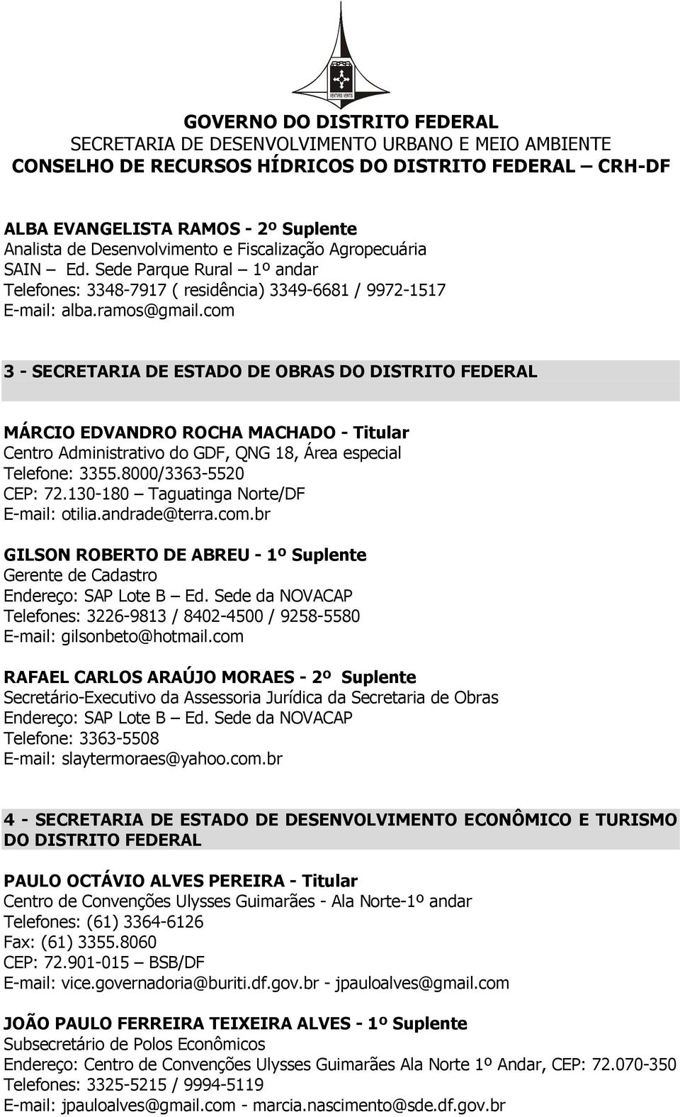 130-180 Taguatinga Norte/DF E-mail: otilia.andrade@terra.com.br GILSON ROBERTO DE ABREU - 1º Suplente Gerente de Cadastro Endereço: SAP Lote B Ed.