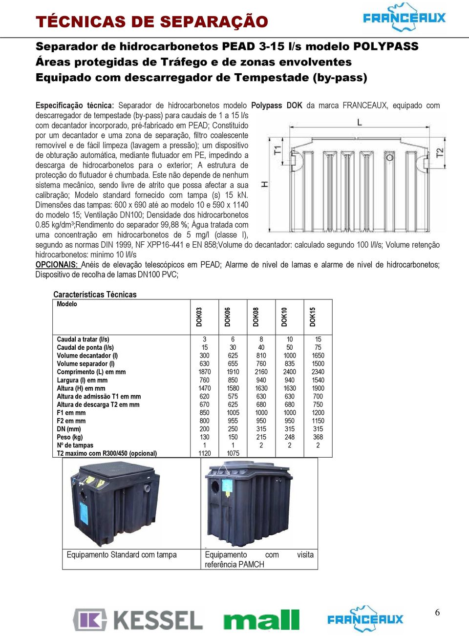 por um decantador e uma zona de separação, filtro coalescente removível e de fácil limpeza (lavagem a pressão); um dispositivo de obturação automática, mediante flutuador em PE, impedindo a descarga