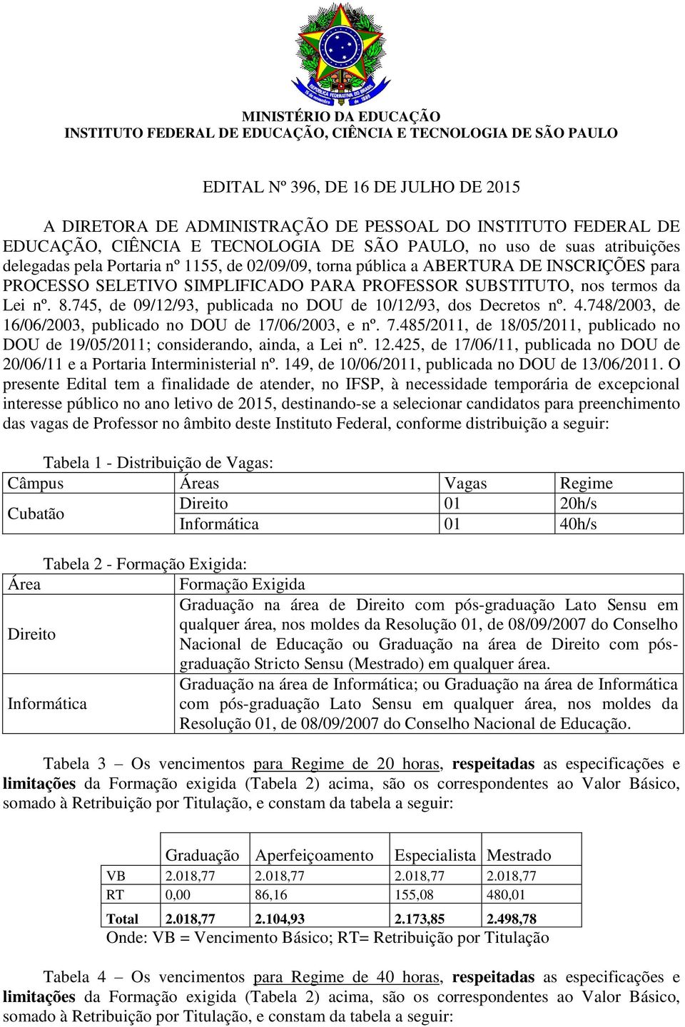 SUBSTITUTO, nos termos da Lei nº. 8.745, de 09/12/93, publicada no DOU de 10/12/93, dos Decretos nº. 4.748/2003, de 16/06/2003, publicado no DOU de 17/06/2003, e nº. 7.