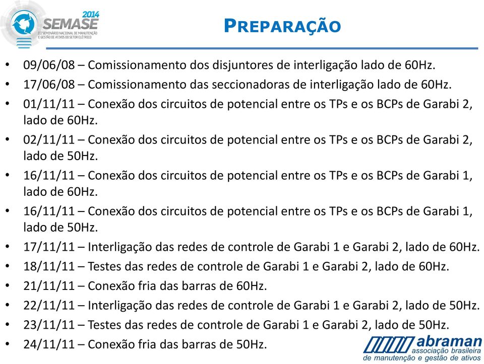 16/11/11 Conexão dos circuitos de potencial entre os TPs e os BCPs de Garabi 1, lado de 60Hz. 16/11/11 Conexão dos circuitos de potencial entre os TPs e os BCPs de Garabi 1, lado de 50Hz.