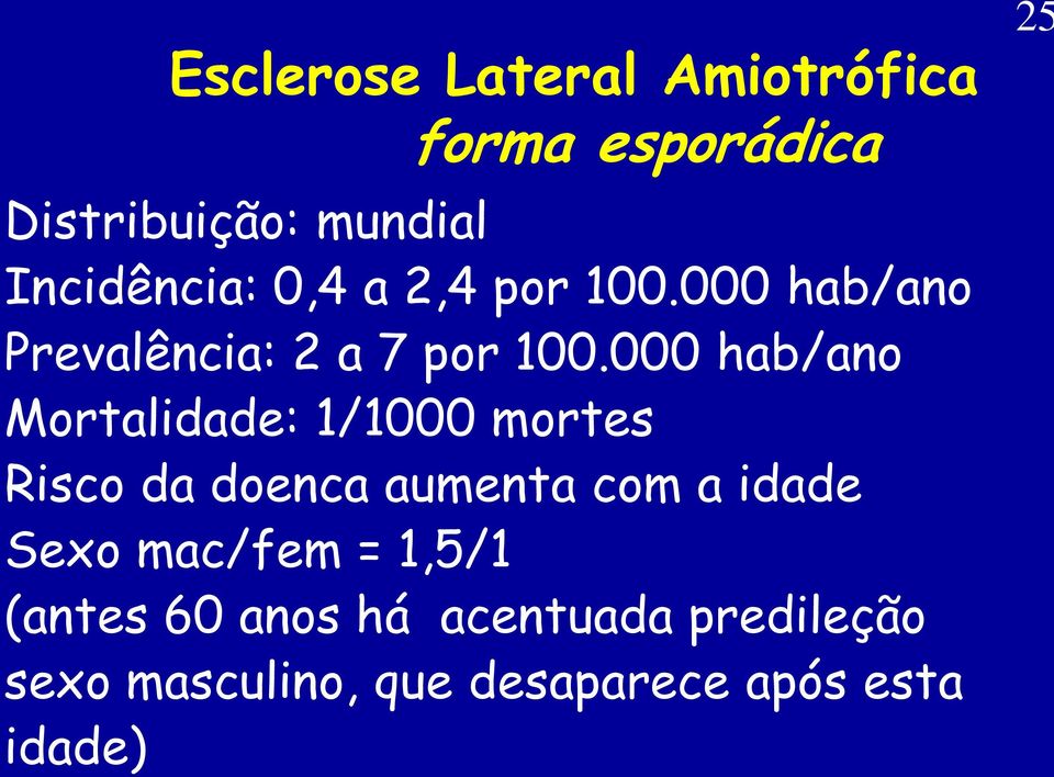 000 hab/ano Mortalidade: 1/1000 mortes Risco da doenca aumenta com a idade Sexo