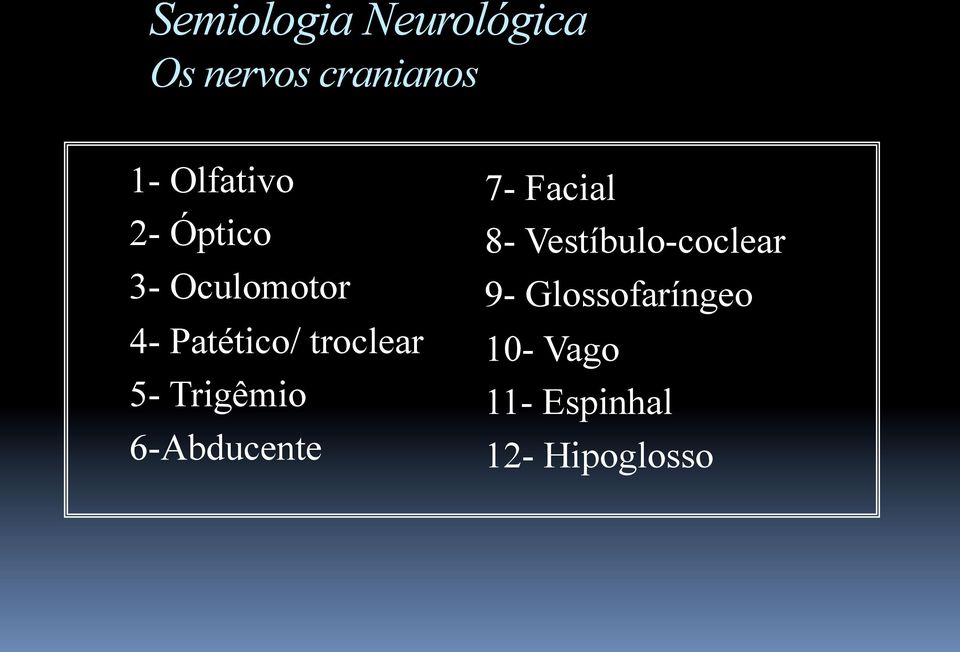 6-Abducente 7- Facial 8- Vestíbulo-coclear 9-