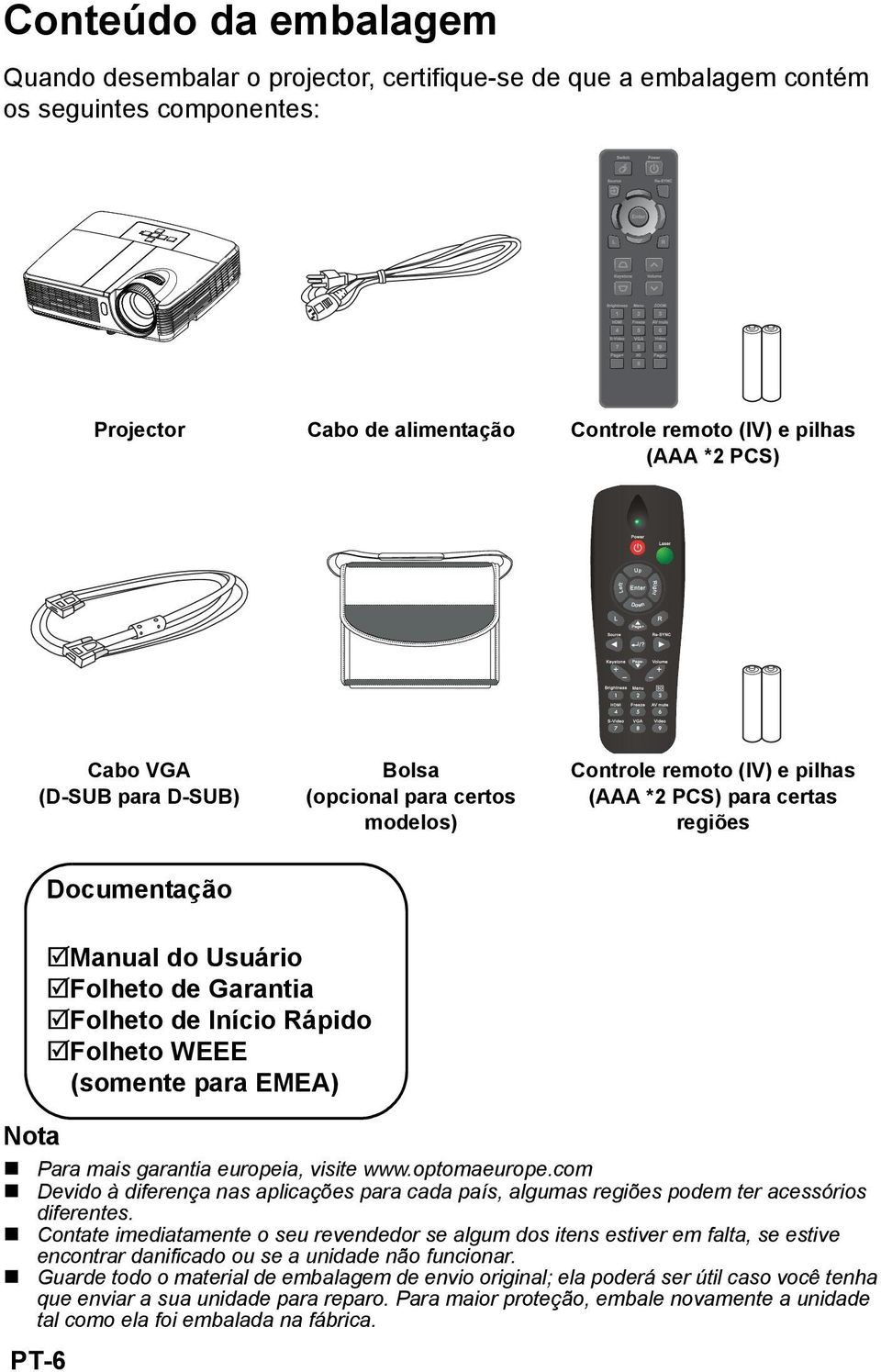 com Devido à diferença nas aplicações para cada país, algumas regiões podem ter acessórios diferentes.