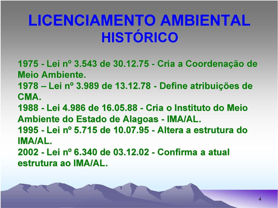 1988 - Lei 4.986 de 16.05.88 - Cria o Instituto do Meio Ambiente do Estado de Alagoas - IMA/AL.
