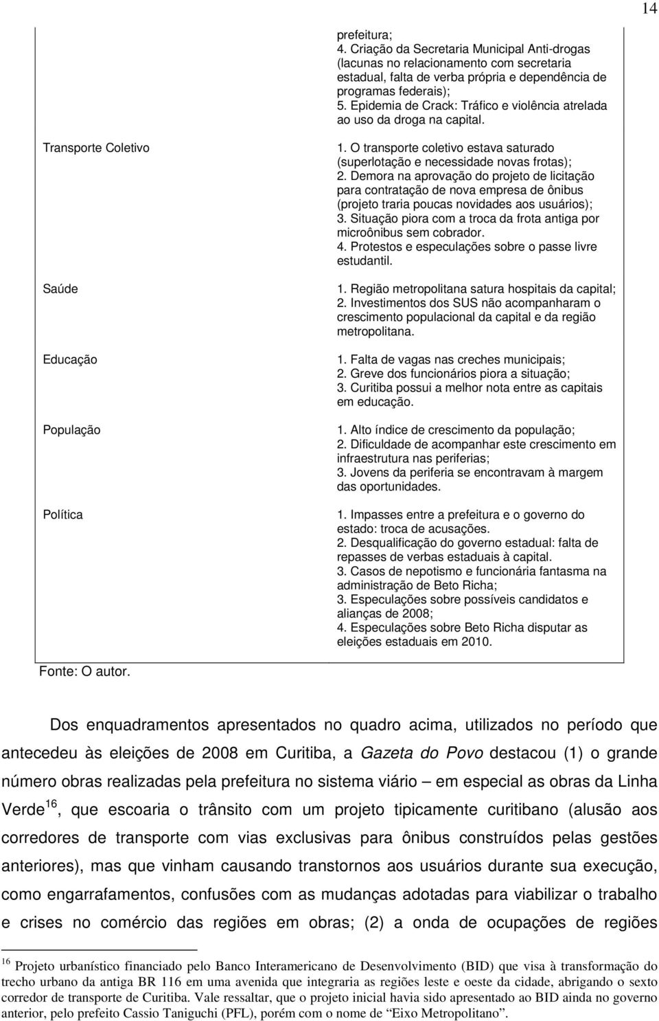 O transporte coletivo estava saturado (superlotação e necessidade novas frotas); 2.