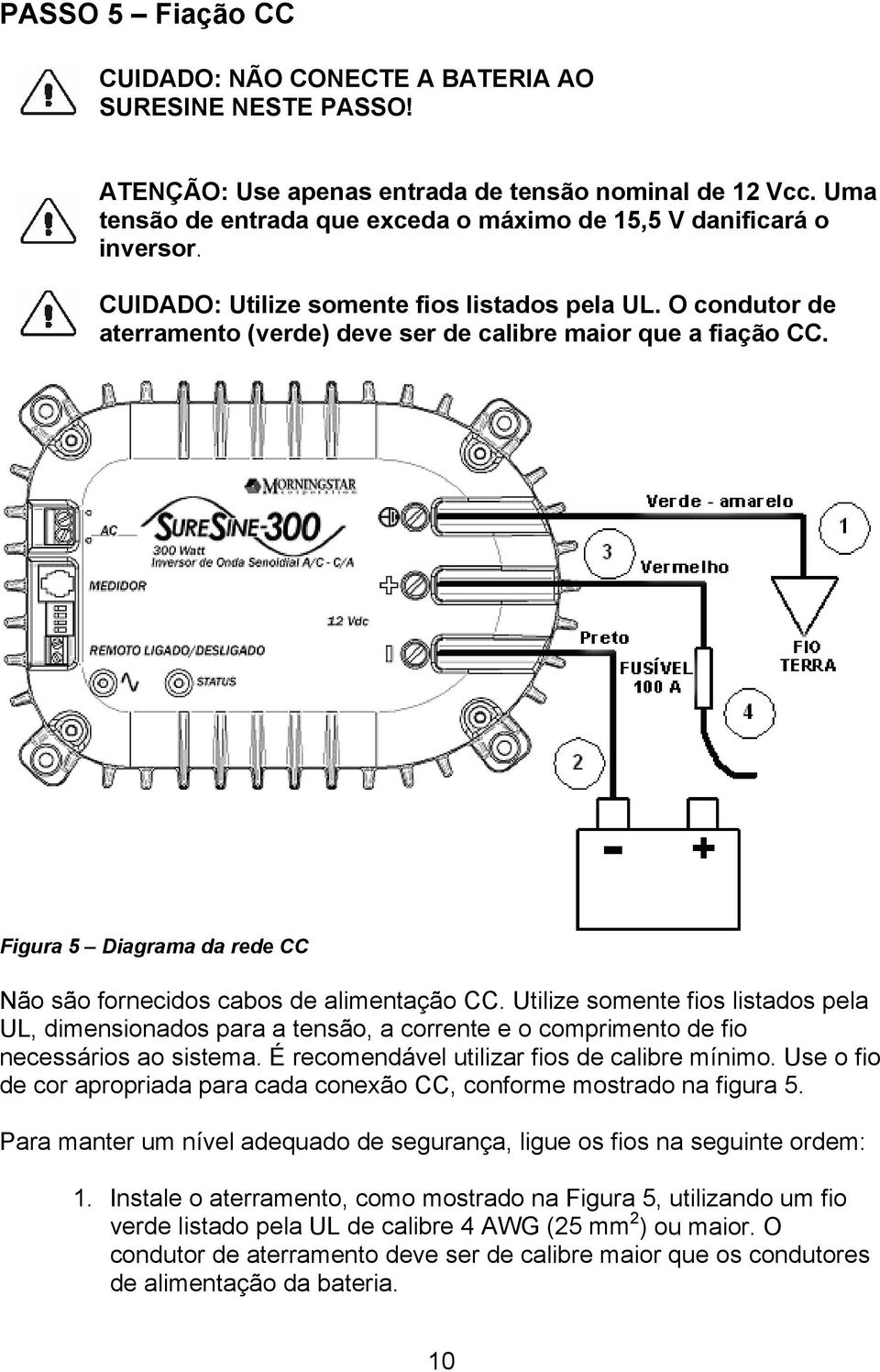 Figura 5 Diagrama da rede CC Não são fornecidos cabos de alimentação CC. Utilize somente fios listados pela UL, dimensionados para a tensão, a corrente e o comprimento de fio necessários ao sistema.
