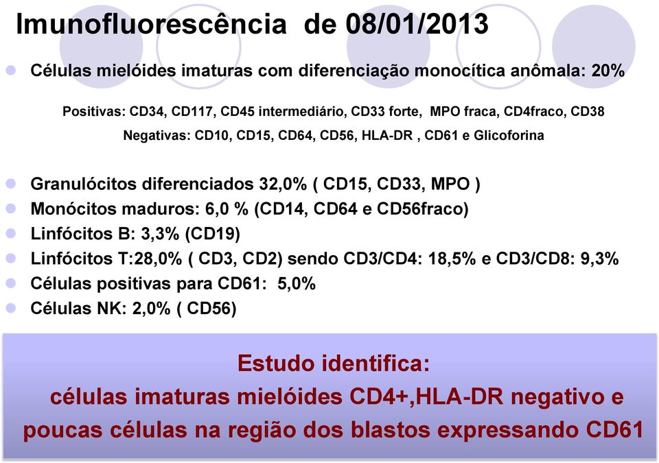 Monócitos maduros: 6,0 % (CD14, CD64 e CD56fraco) Linfócitos B: 3,3% (CD19) Linfócitos T:28,0% ( CD3, CD2) sendo CD3/CD4: 18,5% e CD3/CD8: 9,3% Células