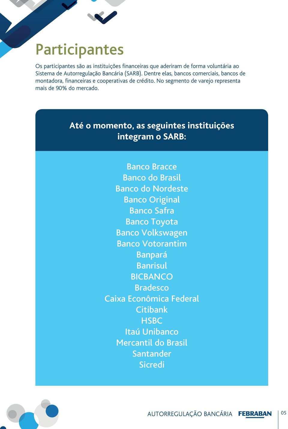 Até o momento, as seguintes instituições integram o SARB: Banco Bracce Banco do Brasil Banco do Nordeste Banco Original Banco Safra Banco Toyota Banco