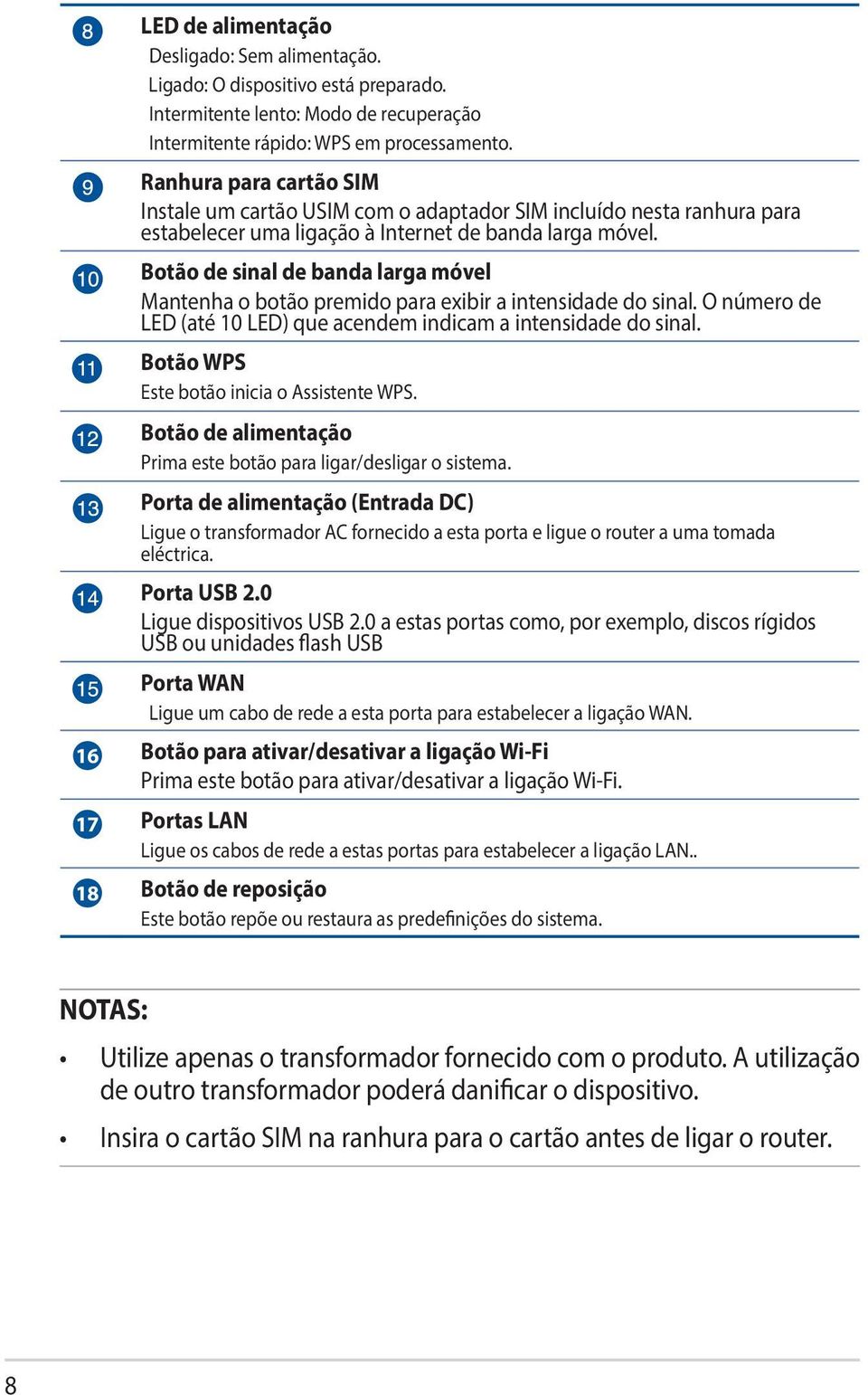 Botão de sinal de banda larga móvel Mantenha o botão premido para exibir a intensidade do sinal. O número de LED (até 10 LED) que acendem indicam a intensidade do sinal.