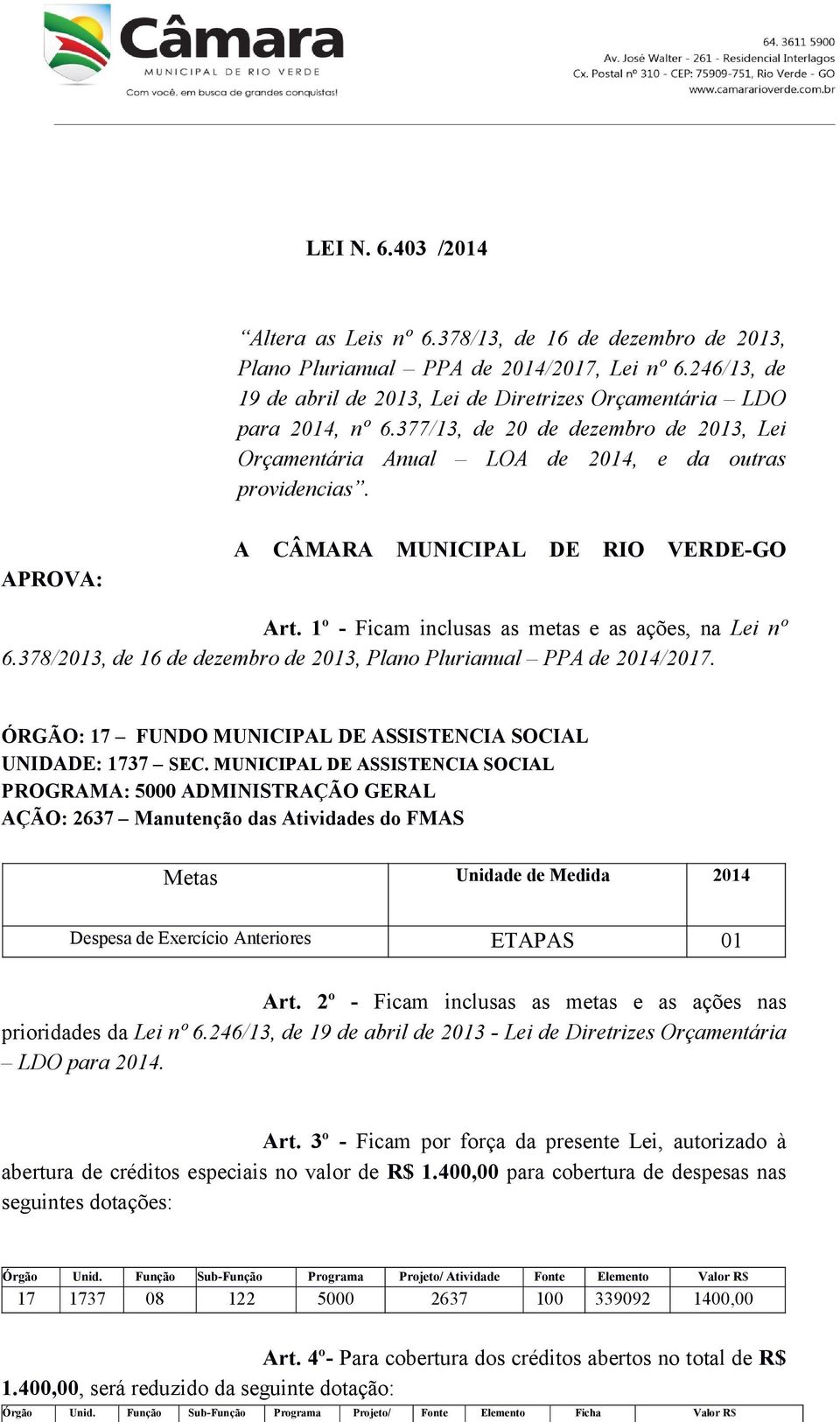 APROVA: A CÂMARA MUNICIPAL DE RIO VERDE-GO Art. 1º - Ficam inclusas as metas e as ações, na Lei nº 6.378/2013, de 16 de dezembro de 2013, Plano Plurianual PPA de 2014/2017. UNIDADE: 1737 SEC.