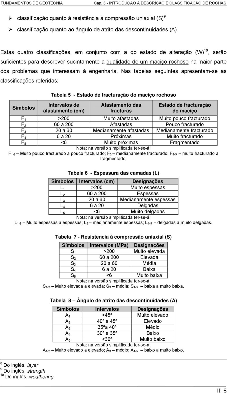 Nas tabelas seguintes apresentam-se as classificações referidas: Símbolos Tabela 5 - Estado de fracturação do maciço rochoso Intervalos de afastamento (cm) Afastamento das fracturas Estado de