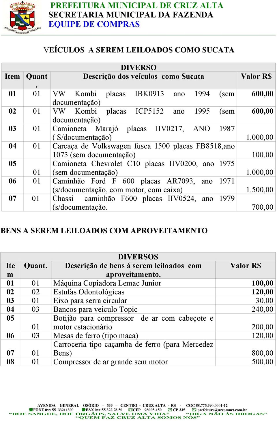 000,00 04 Carcaça de Volkswagen fusca 1500 placas FB8518,ano 1073 (sem documentação) 100,00 Camioneta Chevrolet C10 placas IIV0200, ano 1975 (sem documentação) 1.