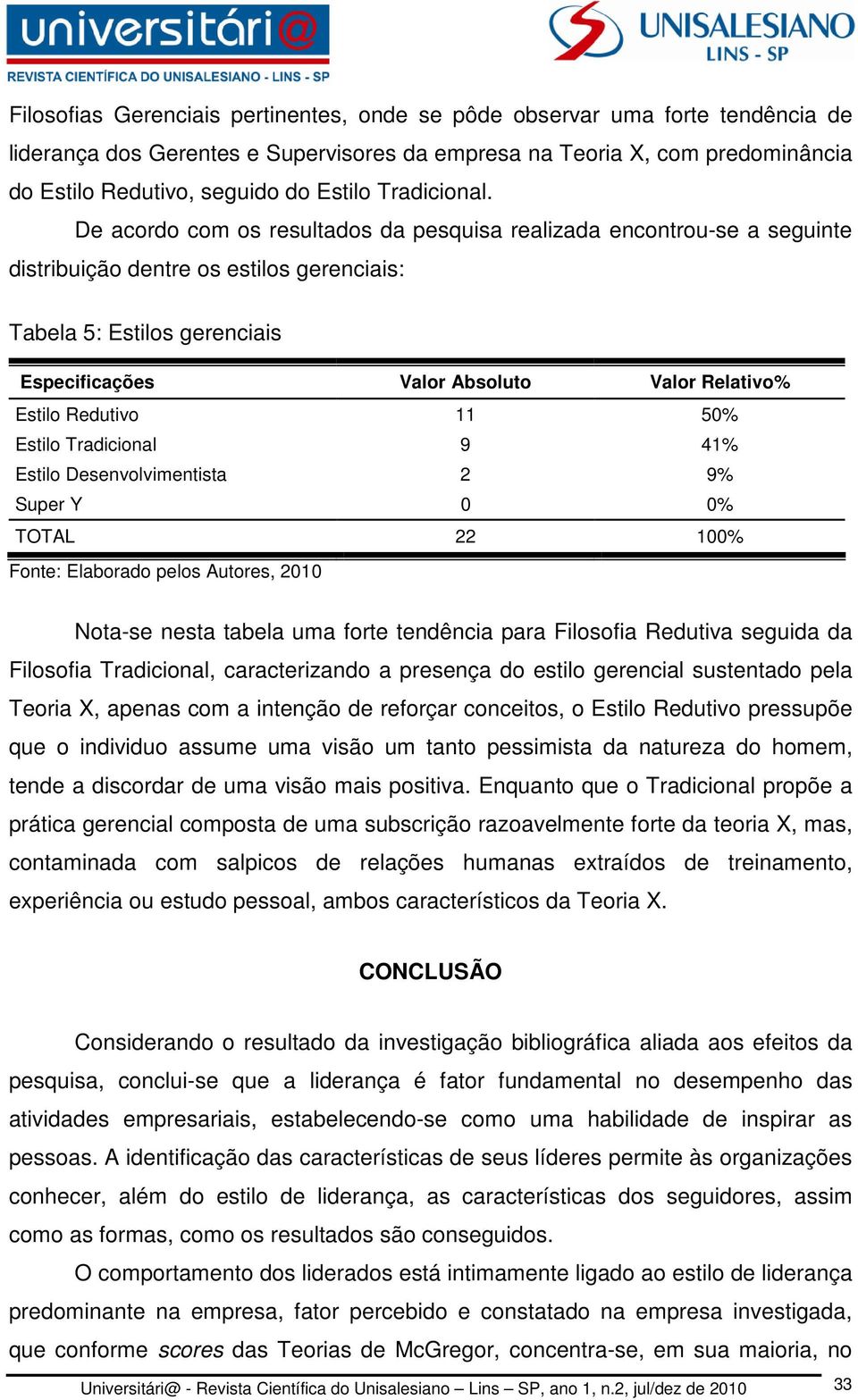 De acordo com os resultados da pesquisa realizada encontrou-se a seguinte distribuição dentre os estilos gerenciais: Tabela 5: Estilos gerenciais Especificações Valor Absoluto Valor Relativo% Estilo