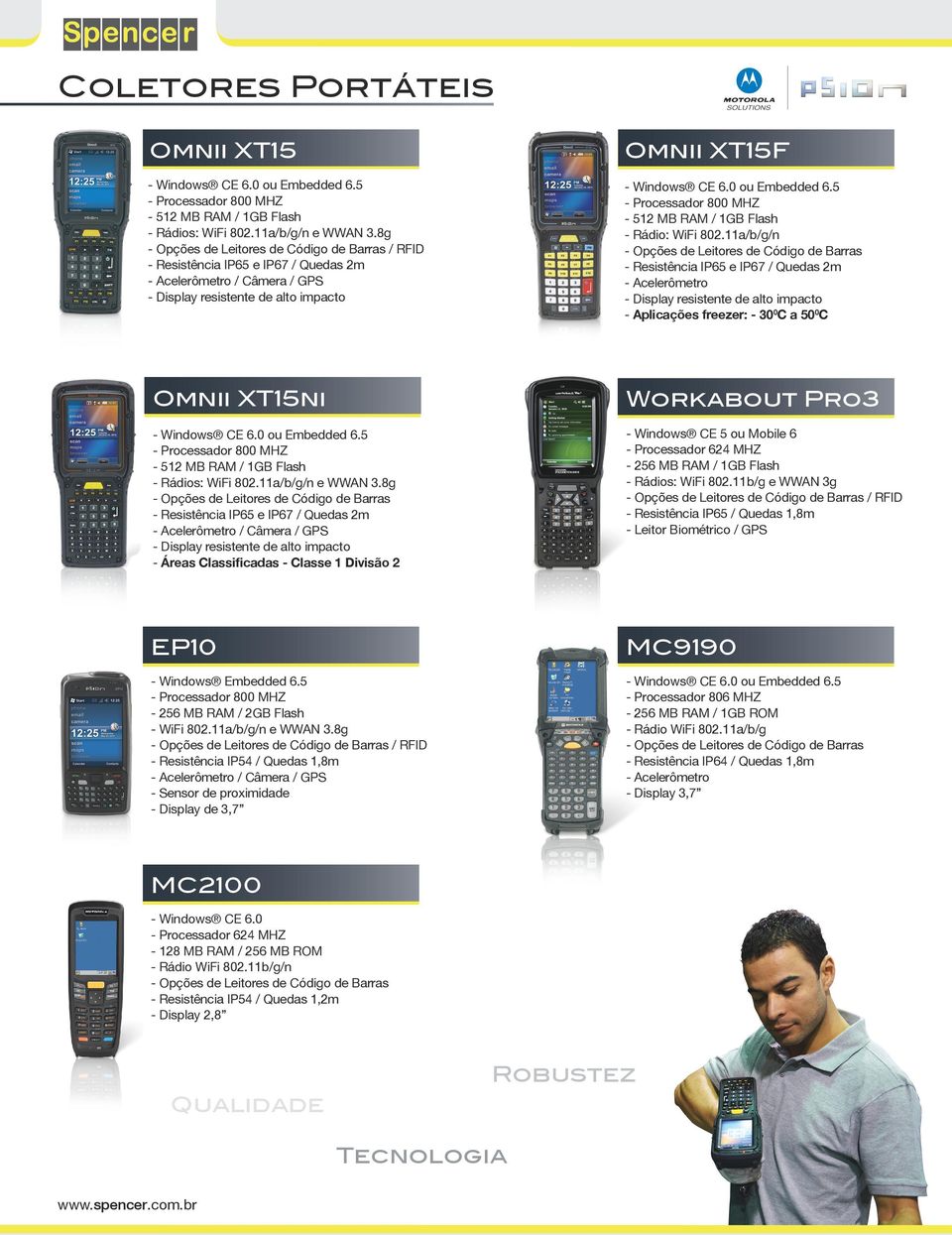 11a/b/g/n - Resistência IP65 e IP67 / Quedas 2m - Acelerômetro - Display resistente de alto impacto - Aplicações freezer: - 300C a 500C Omnii XT15ni Workabout Pro3-512 MB RAM / 1GB Flash - Rádios: