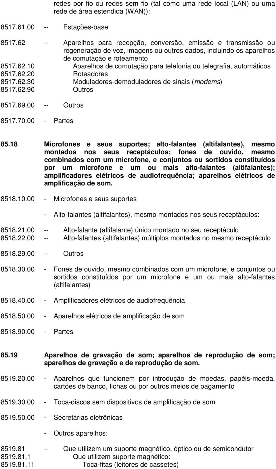 62.20 Roteadores 8517.62.30 Moduladores-demoduladores de sinais (modems) 8517.62.90 Outros 8517.69.00 -- Outros 8517.70.00 - Partes 85.