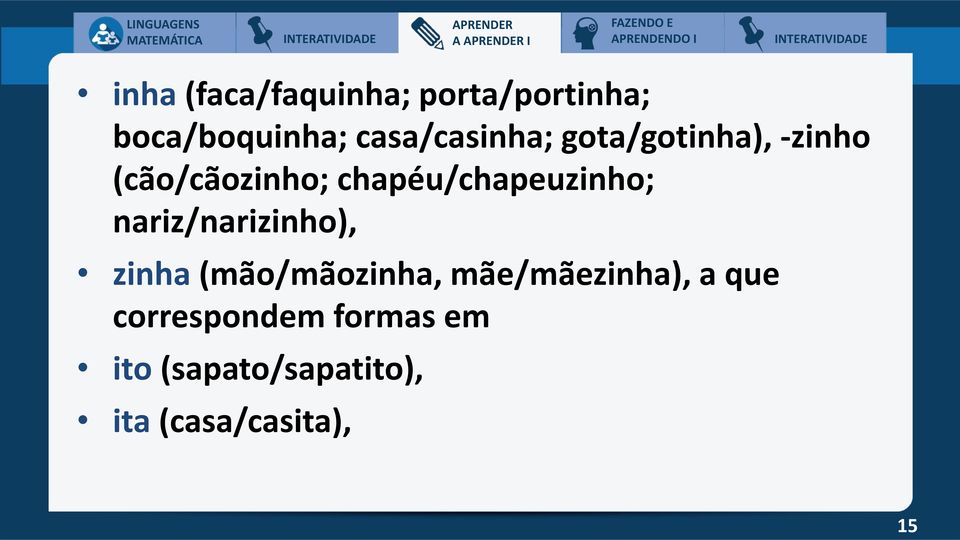 chapéu/chapeuzinho; nariz/narizinho), zinha (mão/mãozinha,