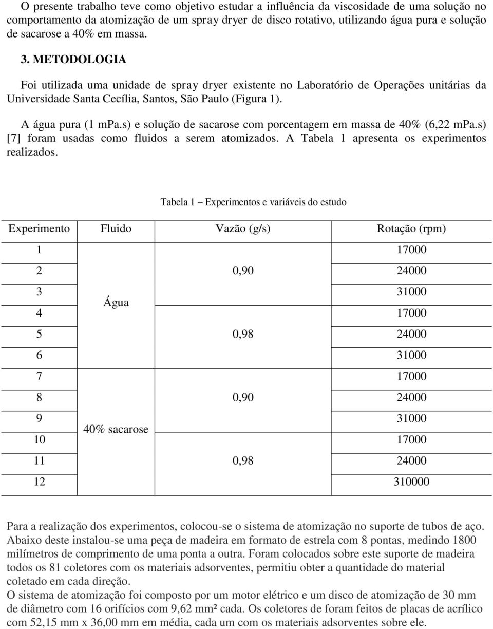 A água pura ( mpa.s) e solução de sacarose com porcentagem em massa de 4% (6, mpa.s) [7] foram usadas como fluidos a serem atomizados. A Tabela apresenta os experimentos realizados.