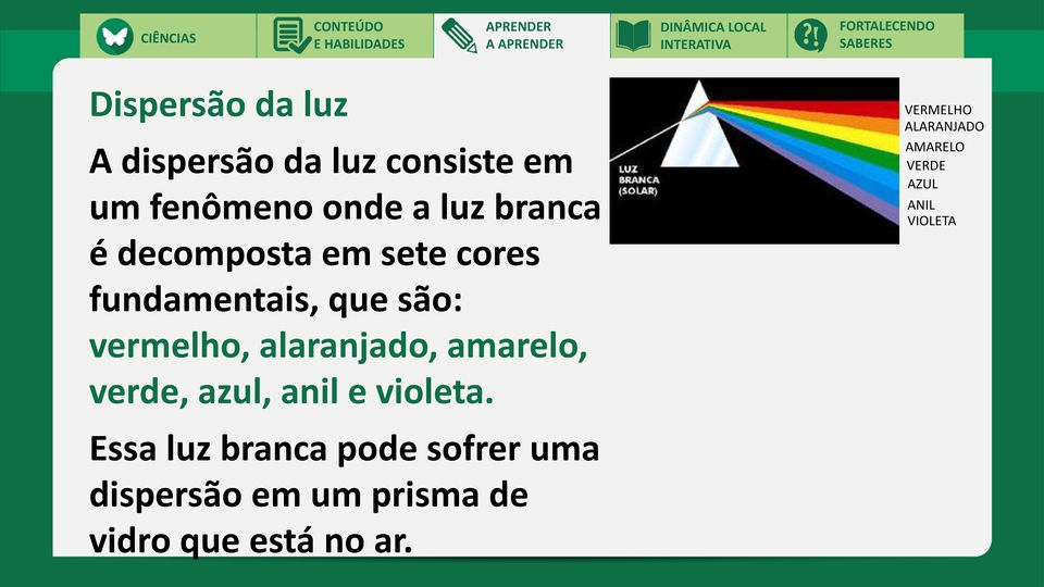 fundamentais, que são: vermelho, alaranjado, amarelo, verde, azul, anil e