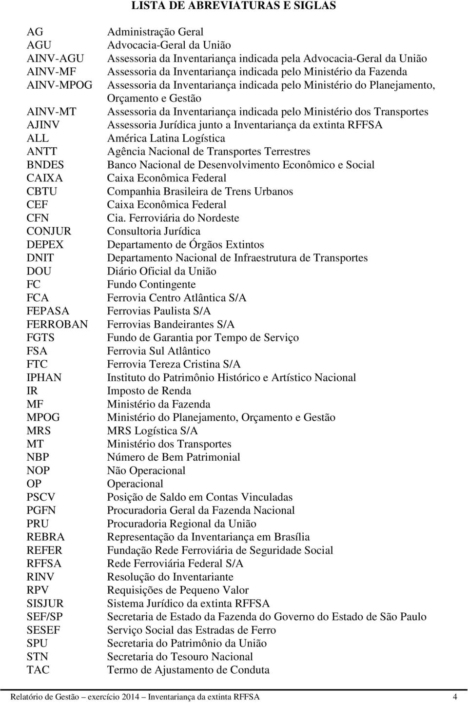 Assessoria da Inventariança indicada pelo Ministério da Fazenda Assessoria da Inventariança indicada pelo Ministério do Planejamento, Orçamento e Gestão Assessoria da Inventariança indicada pelo