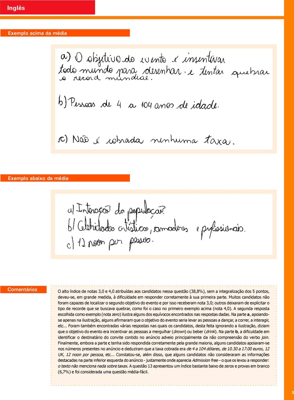 Muitos candidatos não foram capazes de localizar o segundo objetivo do evento e por isso receberam nota 3,0; outros deixaram de explicitar o tipo de recorde que se buscava quebrar, como foi o caso no