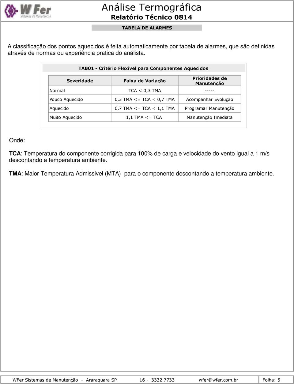 TMA <= TCA Prioridades de Manutenção Acompanhar Evolução Programar Manutenção Manutenção Imediata Onde: TCA: Temperatura do componente corrigida para 100% de carga e velocidade do vento igual a