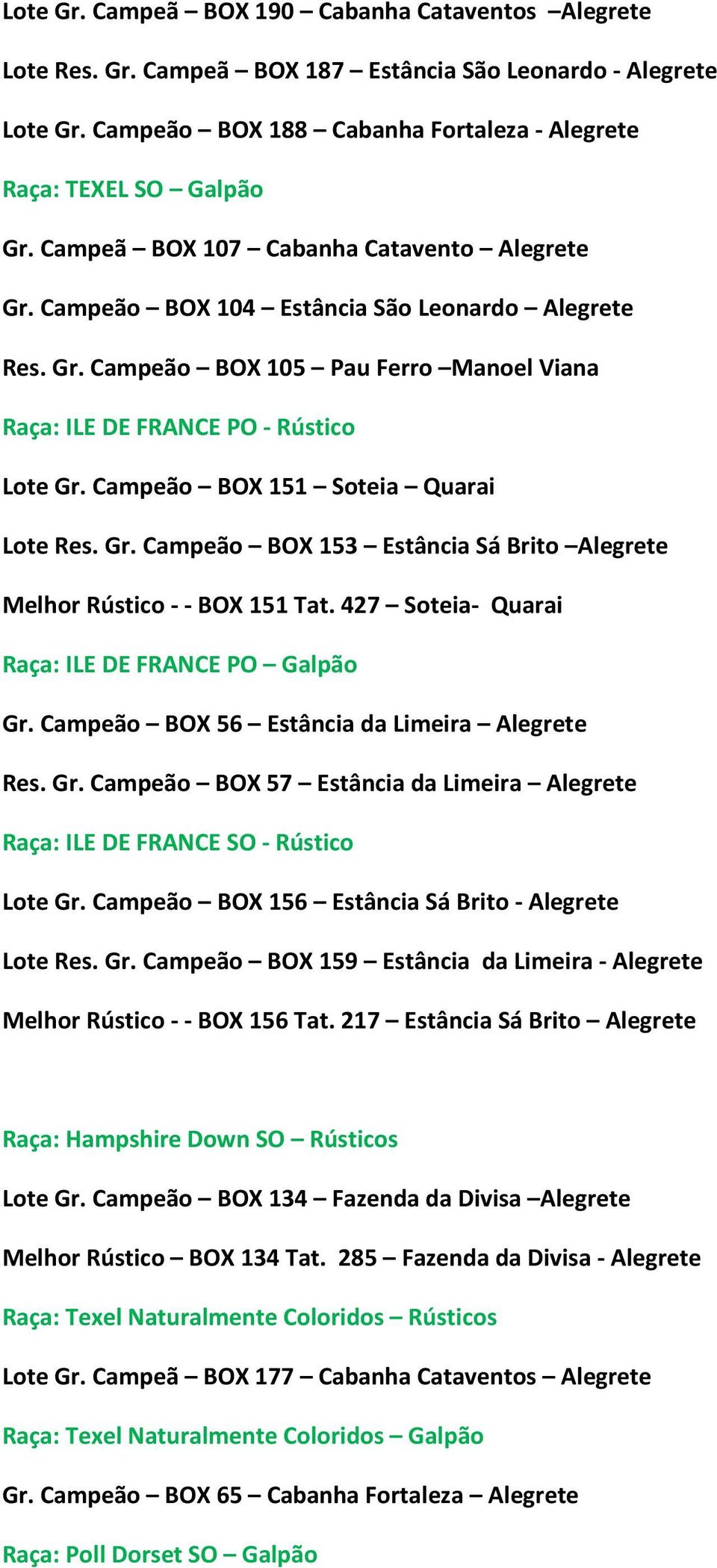 Campeão BOX 151 Soteia Quarai Lote Res. Gr. Campeão BOX 153 Estância Sá Brito Alegrete Melhor Rústico -- BOX 151 Tat. 427 Soteia- Quarai Raça: ILE DE FRANCE PO Galpão Gr.