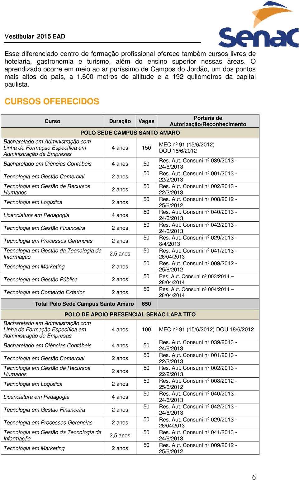 CURSOS OFERECIDOS Portaria de Curso Duração Vagas Autorização/Reconhecimento POLO SEDE CAMPUS SANTO AMARO Bacharelado em Administração com Linha de Formação Específica em Administração de Empresas 4